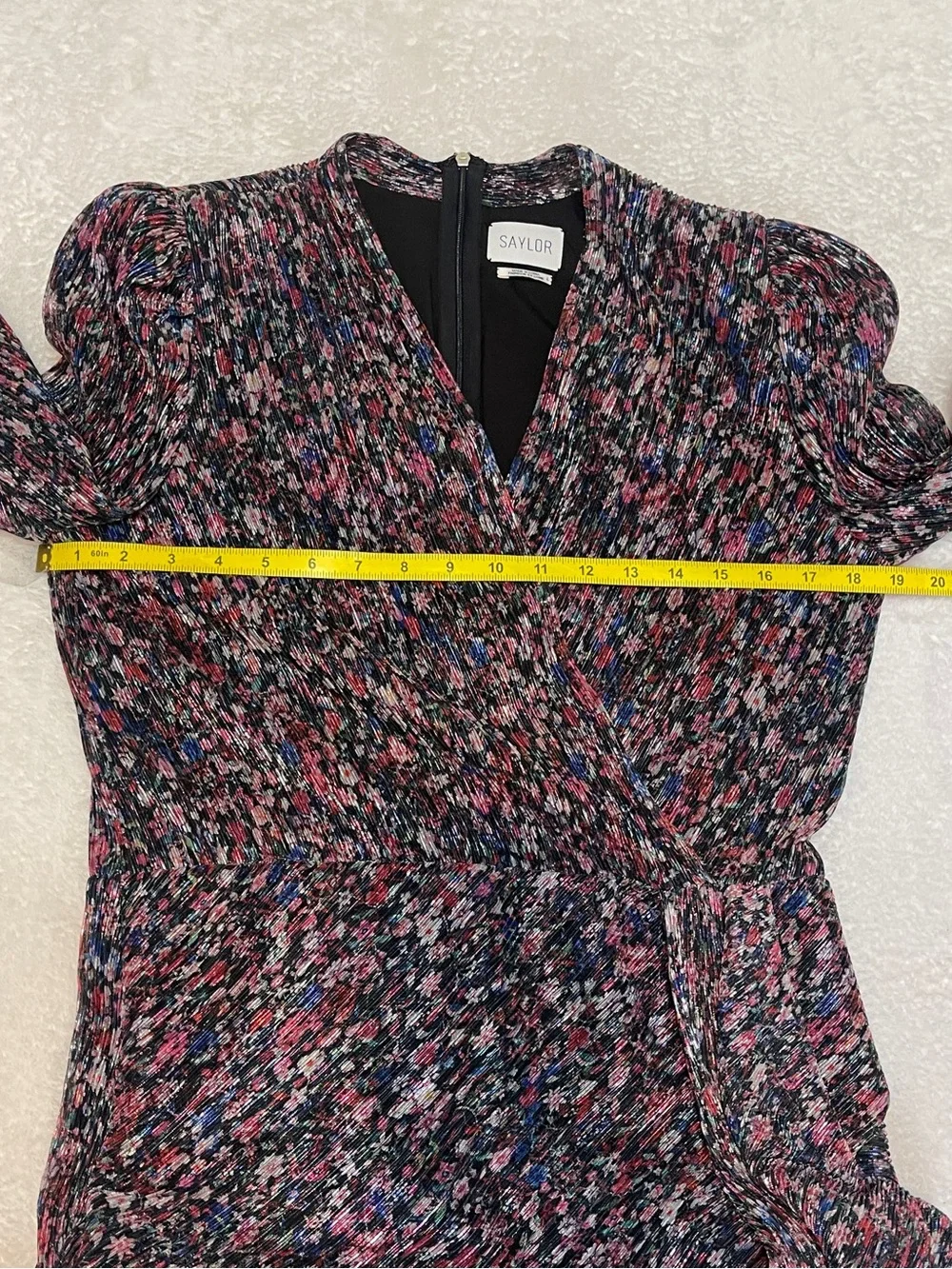 Saylor Bernadette draped faux wrap floral metallic long sleeve cocktail dress L - Picture 9 of 15